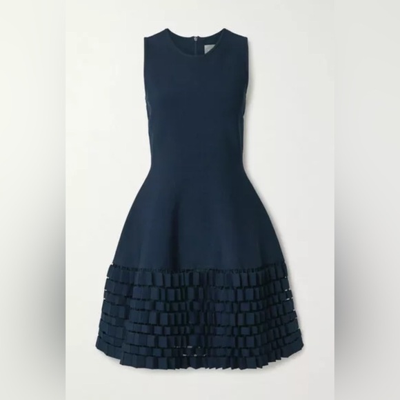 Lela Rose Accordion Lasercut Knit Viscose Fit and Flare Dress in Navy - Picture 1 of 10